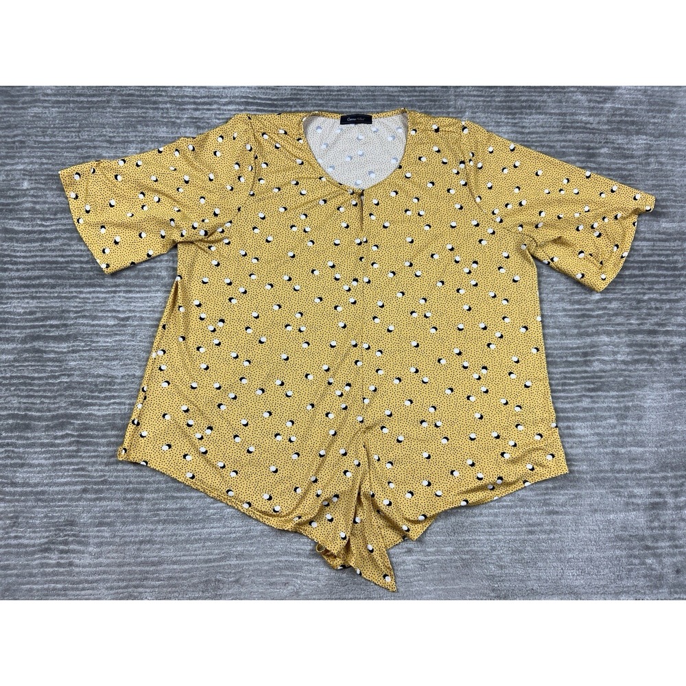 Carrie Allen Top Womens 1XL Yellow Polka Dot Shortsleeve Casual Gathered Hem